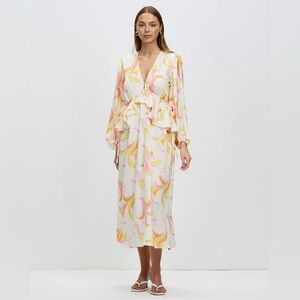 Never Fully Dressed White Maxi Dress with Pink and Yellow Swirl Print